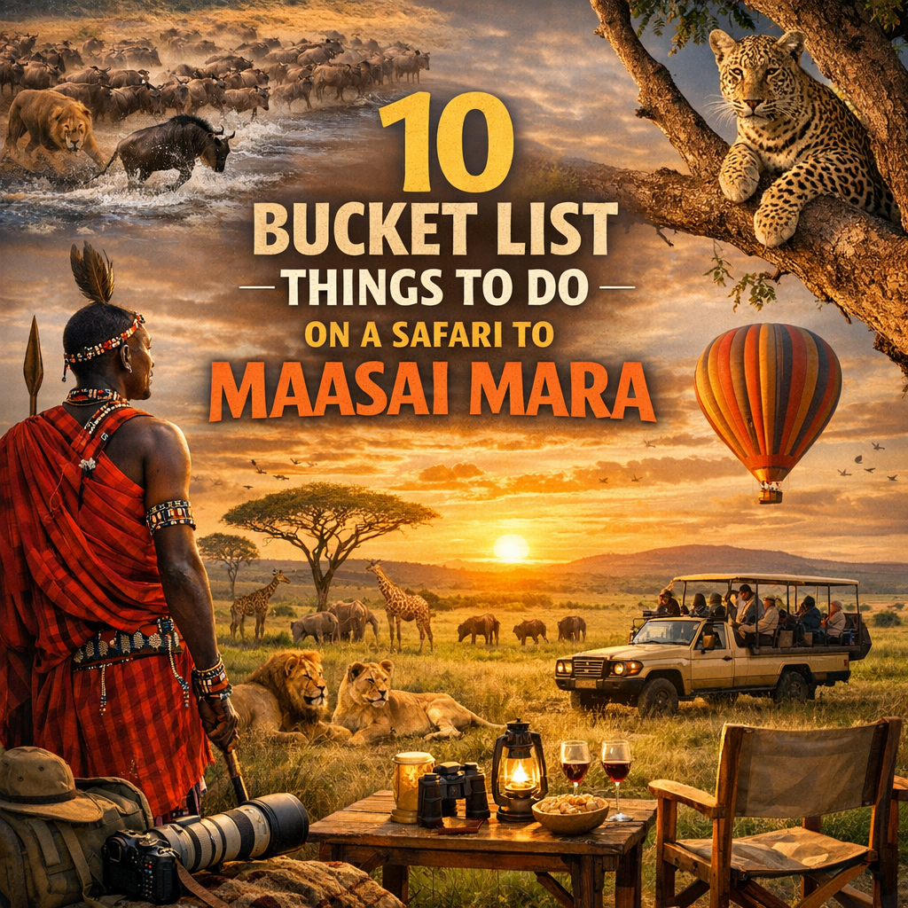 Scenic view of Maasai Mara with wildlife grazing, a hot air balloon floating overhead, and a Maasai warrior in traditional at