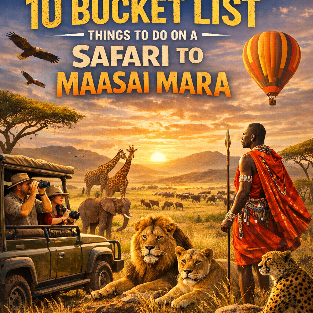 A collage showcasing 10 bucket list activities on a Maasai Mara safari, featuring wildlife, hot air balloons, and cultural ex