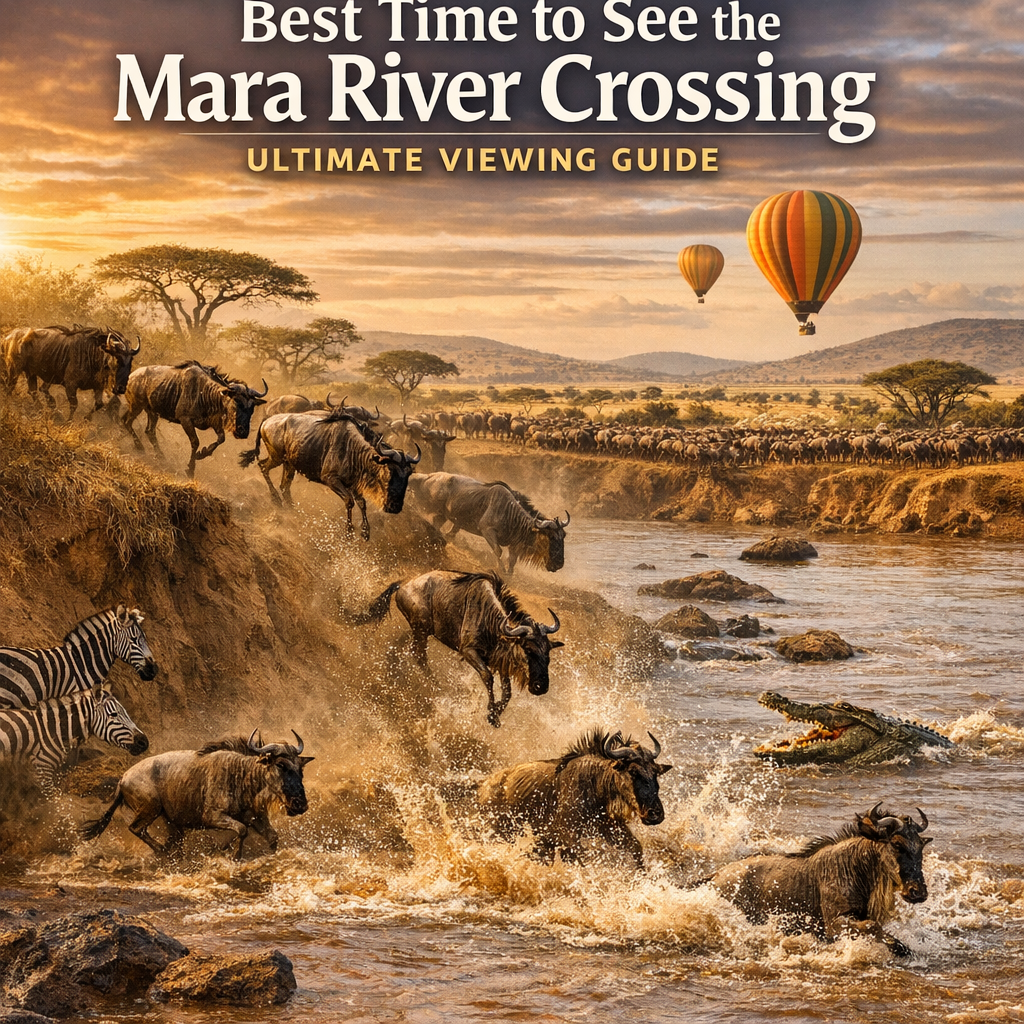 Wildebeests and zebras crossing the Mara River with hot air balloons overhead during the Great Migration.