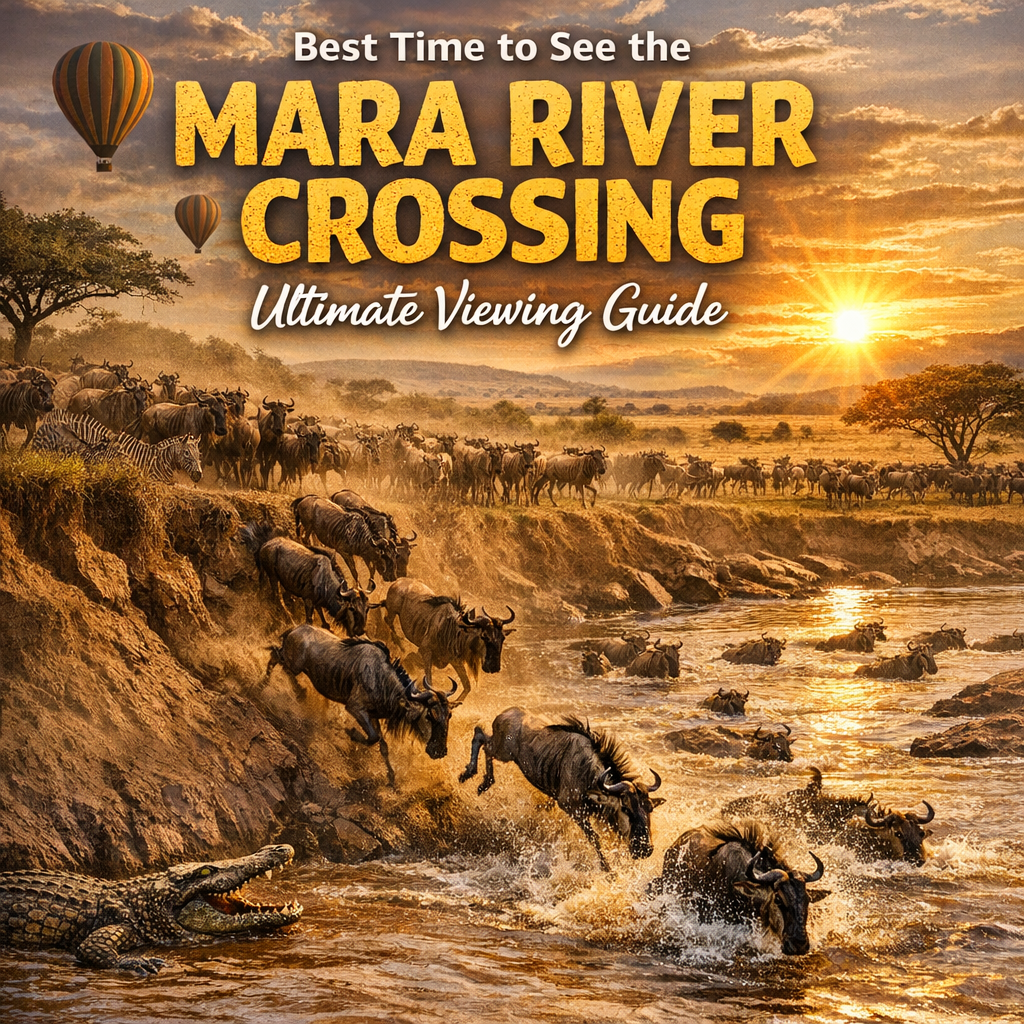 Wildebeests crossing the Mara River at sunset with crocodiles nearby and hot air balloons in the sky.
