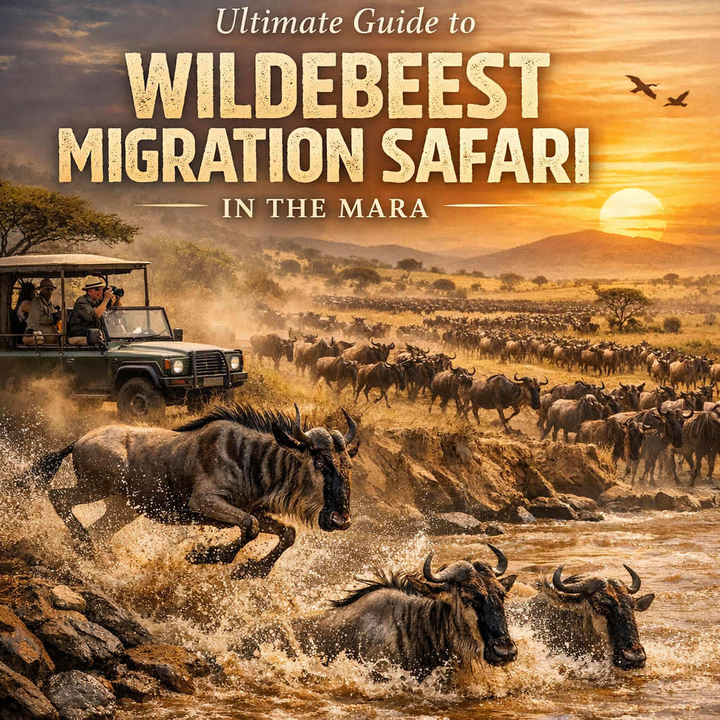 Herd of wildebeest crossing a river in the Mara with a safari vehicle observing the migration.