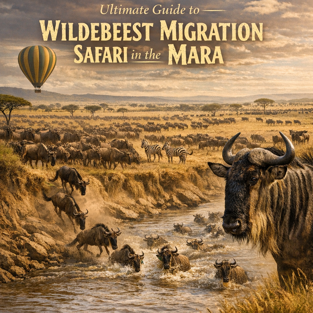 Herd of wildebeest crossing a river in the Mara during the Wildebeest Migration Safari.